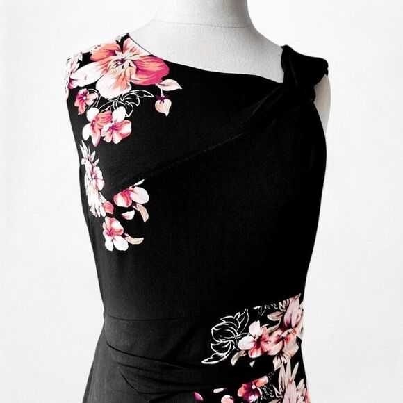 Vintage Y2K Black Knit Floral Print Knee Length Bodycon Cocktail Dress Size M - Picture 5 of 6